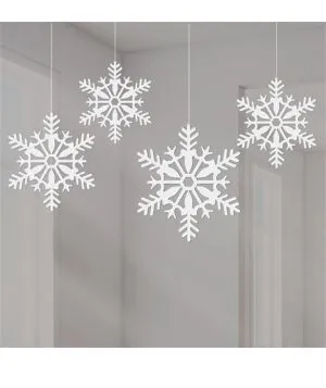 White Glitter Snowflake Hanging Decorations – 10cm (4pk)